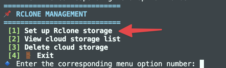 menu thiết lập rclone storage
